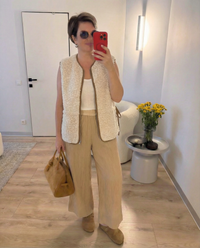Vera | Sherpa Fleece Vest Cream Brown Trim Zip Up
