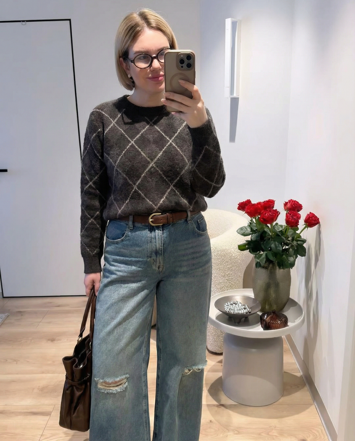 Iris | Argyle Sweater Charcoal Gray Crew Neck