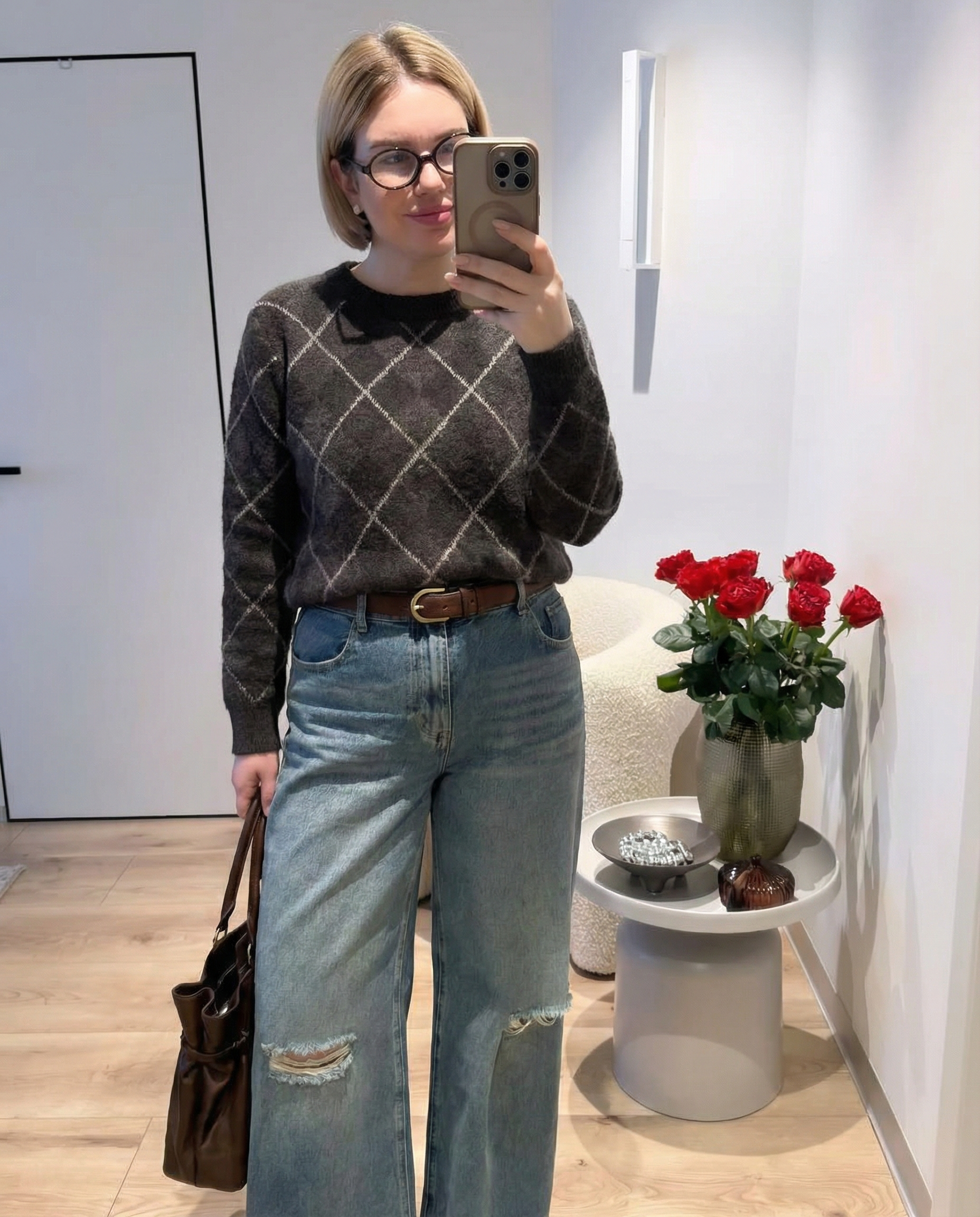 Iris | Argyle Sweater Charcoal Gray Crew Neck