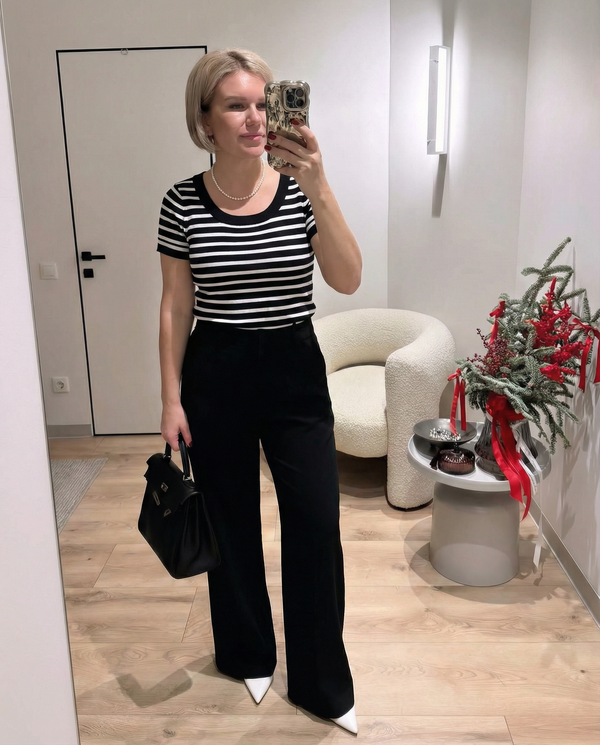 Aria | Striped Crew Neck T Shirt Black White Short Sleeve