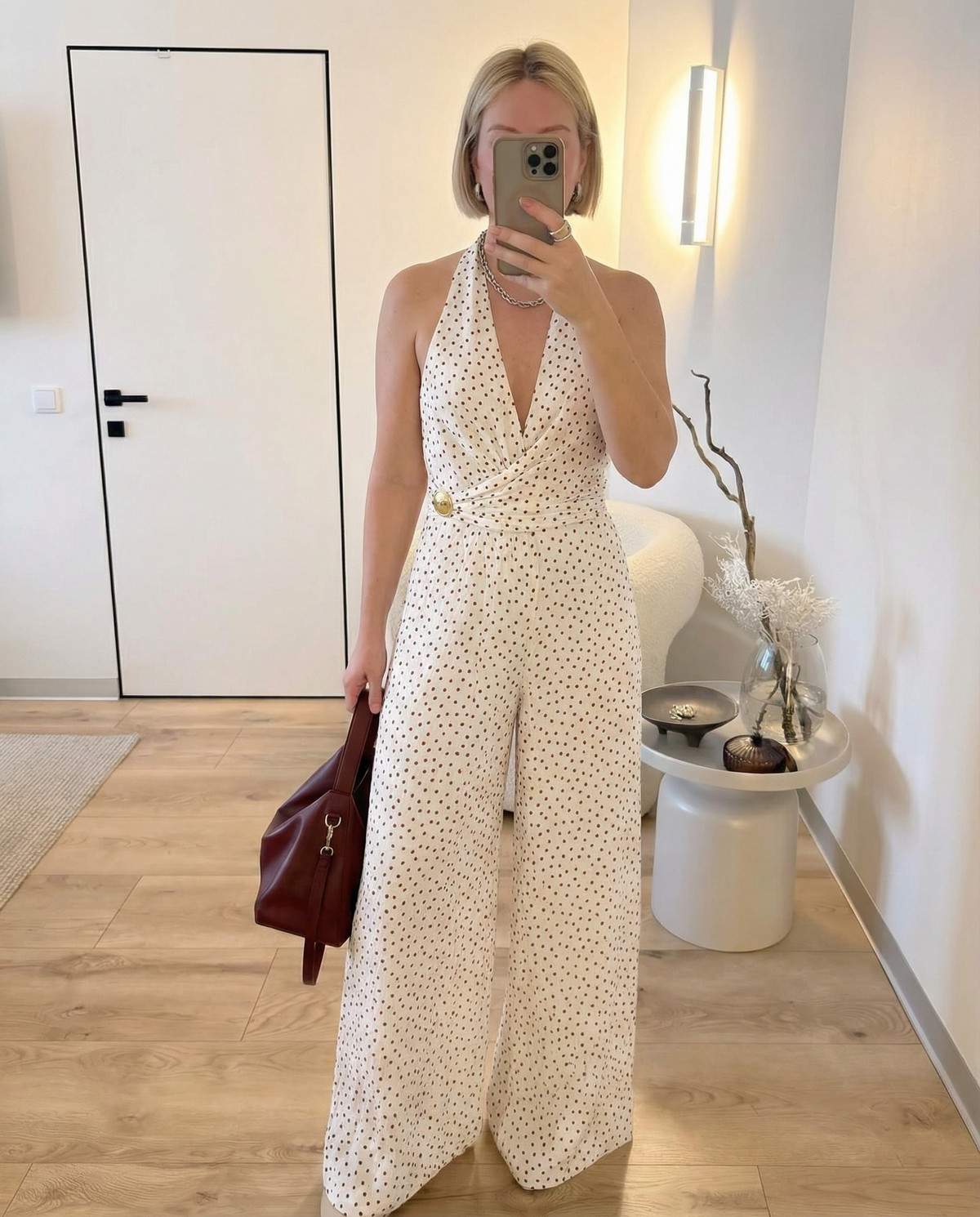 Vera | Polka Dot Halter Jumpsuit Cream Belted
