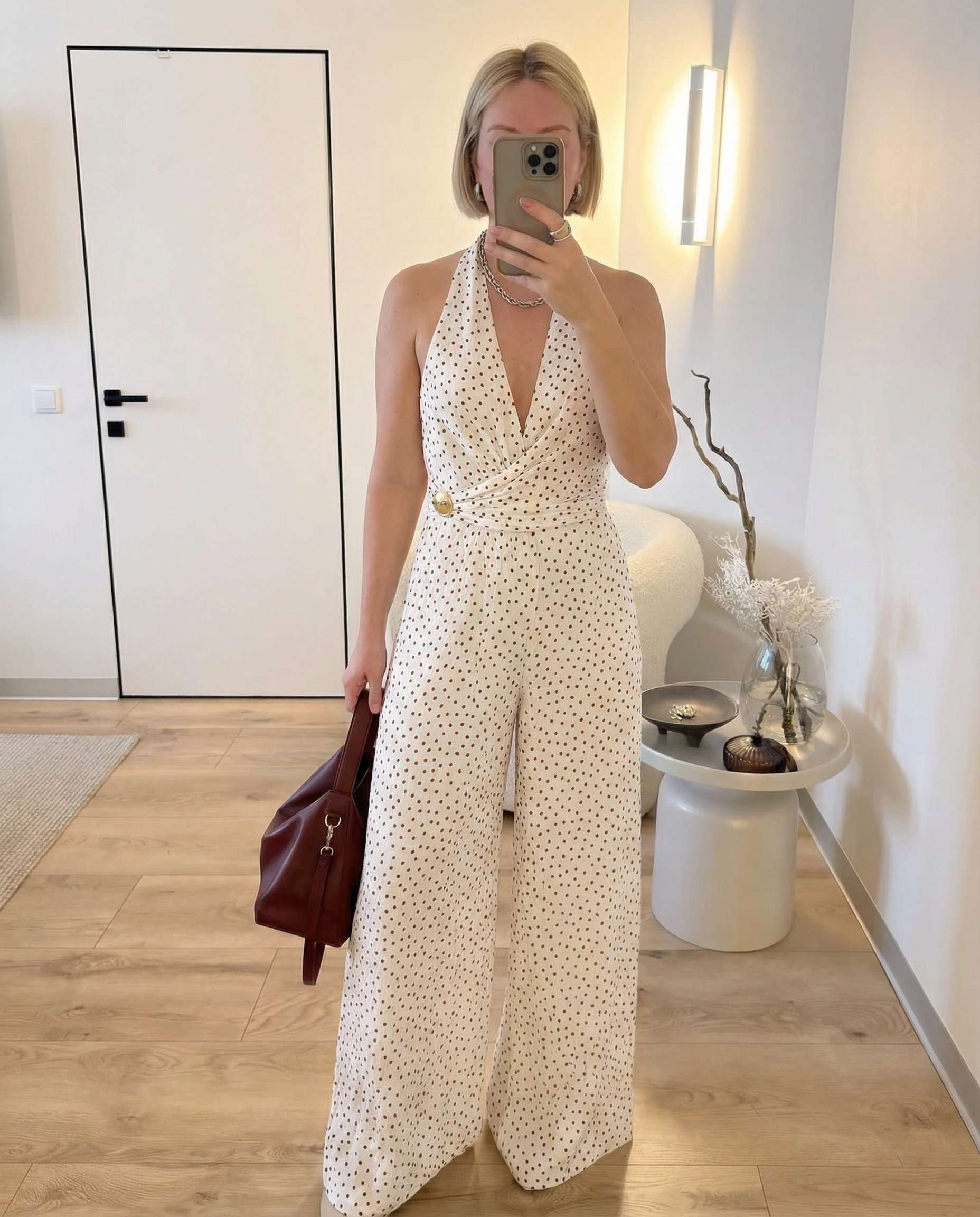 Vera | Polka Dot Halter Jumpsuit Cream Belted