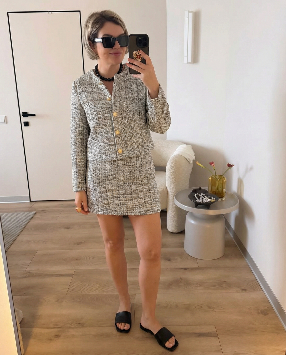 Vera | Tweed Cropped Blazer Skirt Set Cream Button Front