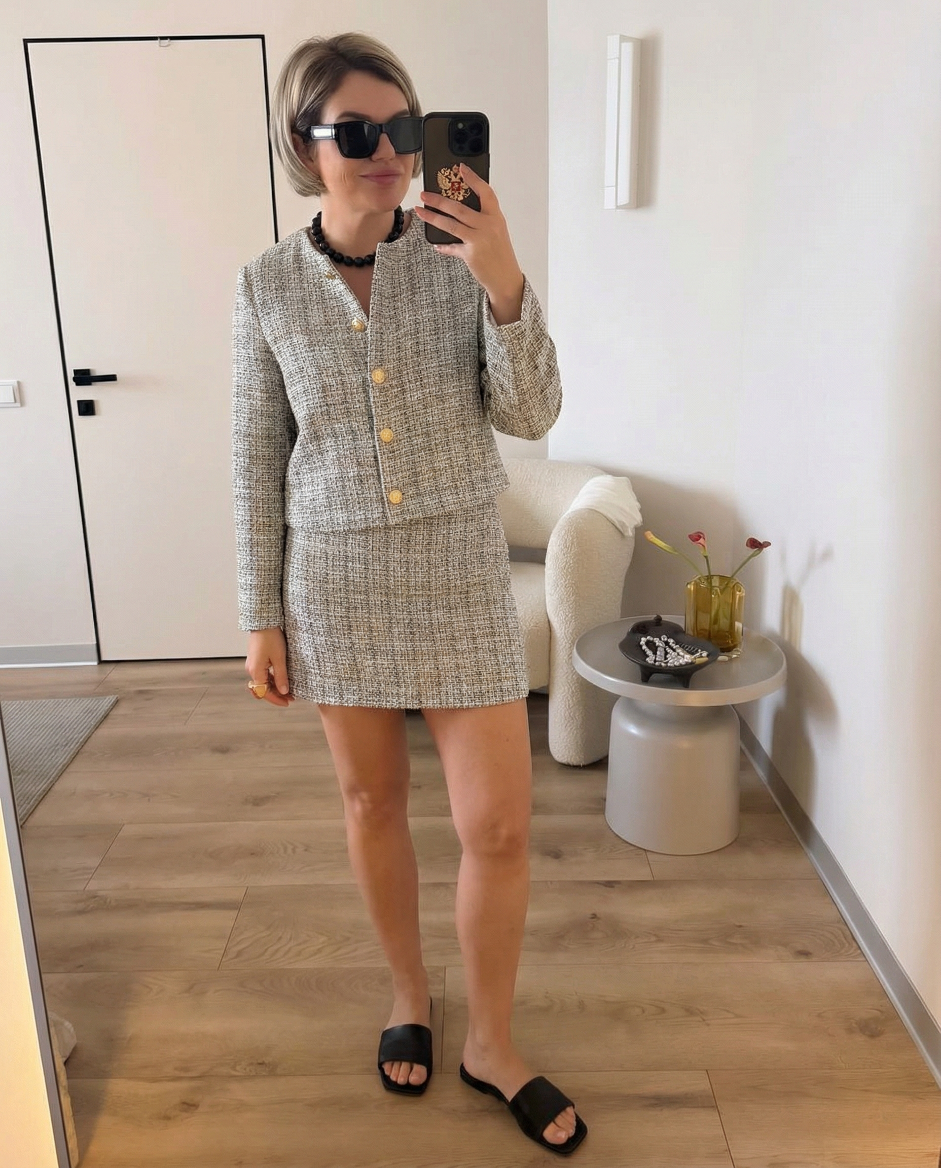 Vera | Tweed Cropped Blazer Skirt Set Cream Button Front