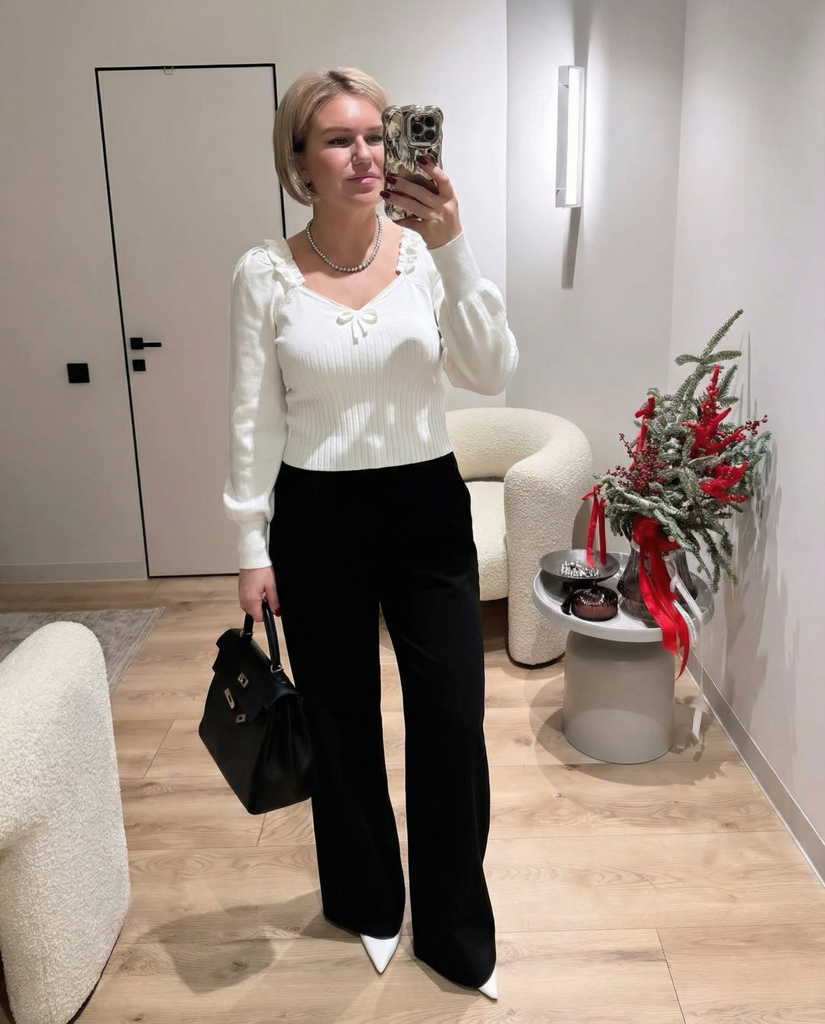 Romy | Puff Sleeve Ribbed Knit Sweater Cream V Neck