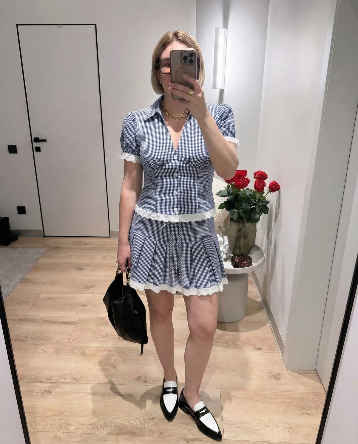Vera | Cottagecore Puff Sleeve Skirt Set Blue Gingham Lace Trim
