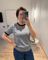 Vera | Crew Neck Knit Top Gray Black Trim Short Sleeve
