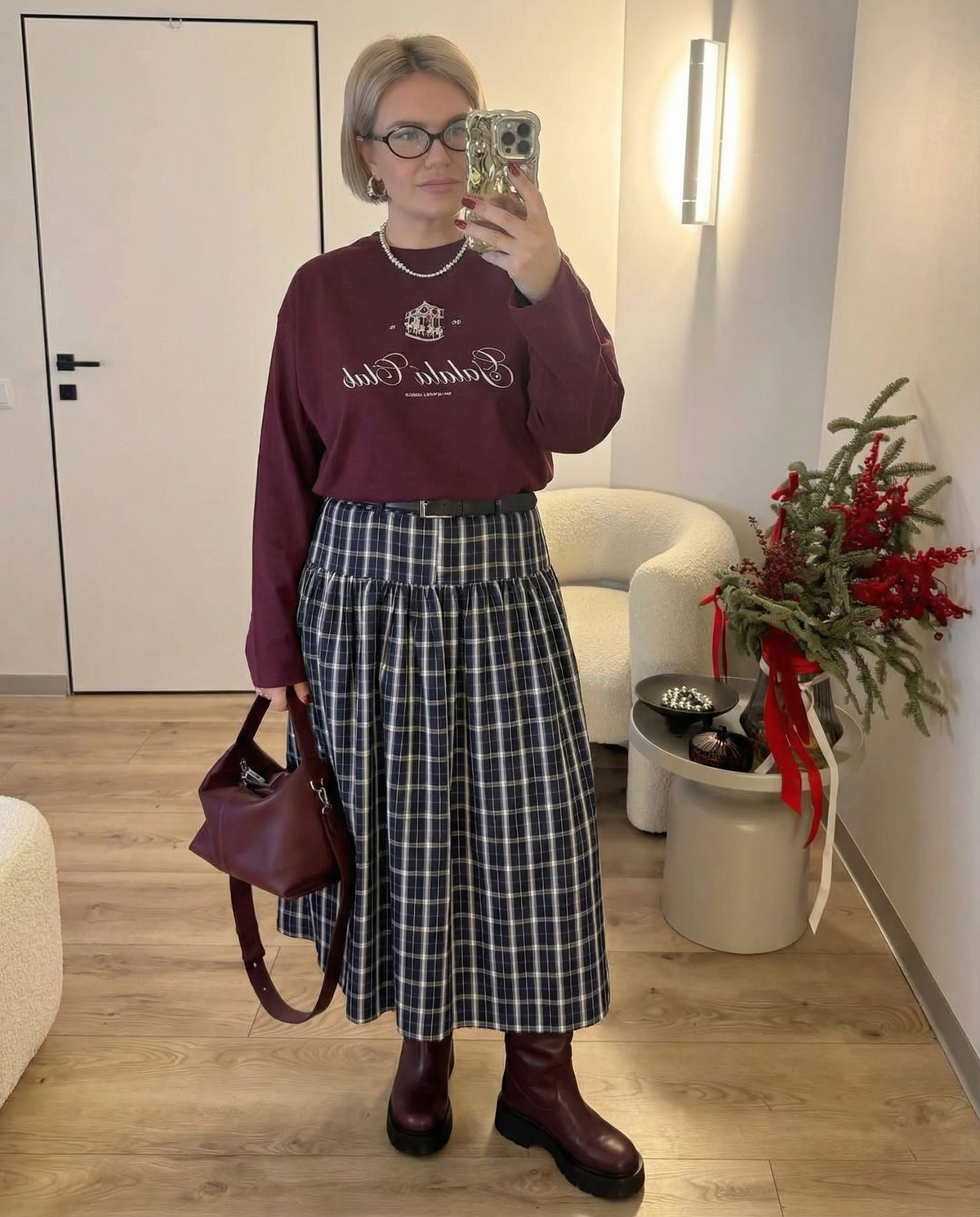 Iris | Plaid Midi Skirt Navy Belted
