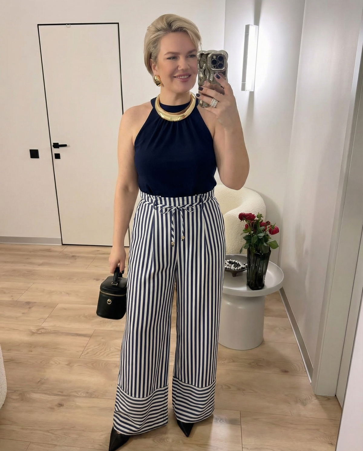 Isla | Striped Wide Leg Jumpsuit Navy White Halter Neck