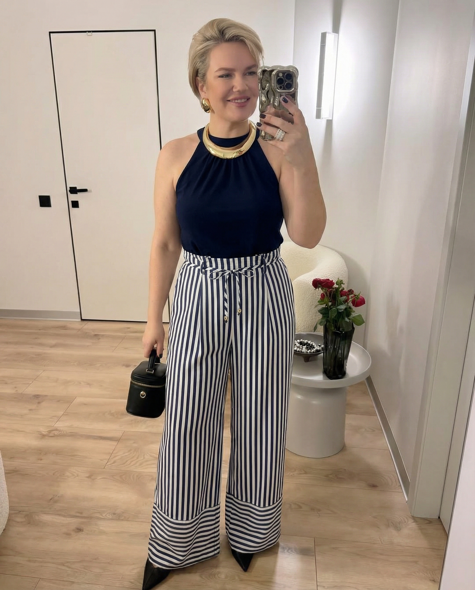 Isla | Striped Wide Leg Jumpsuit Navy White Halter Neck