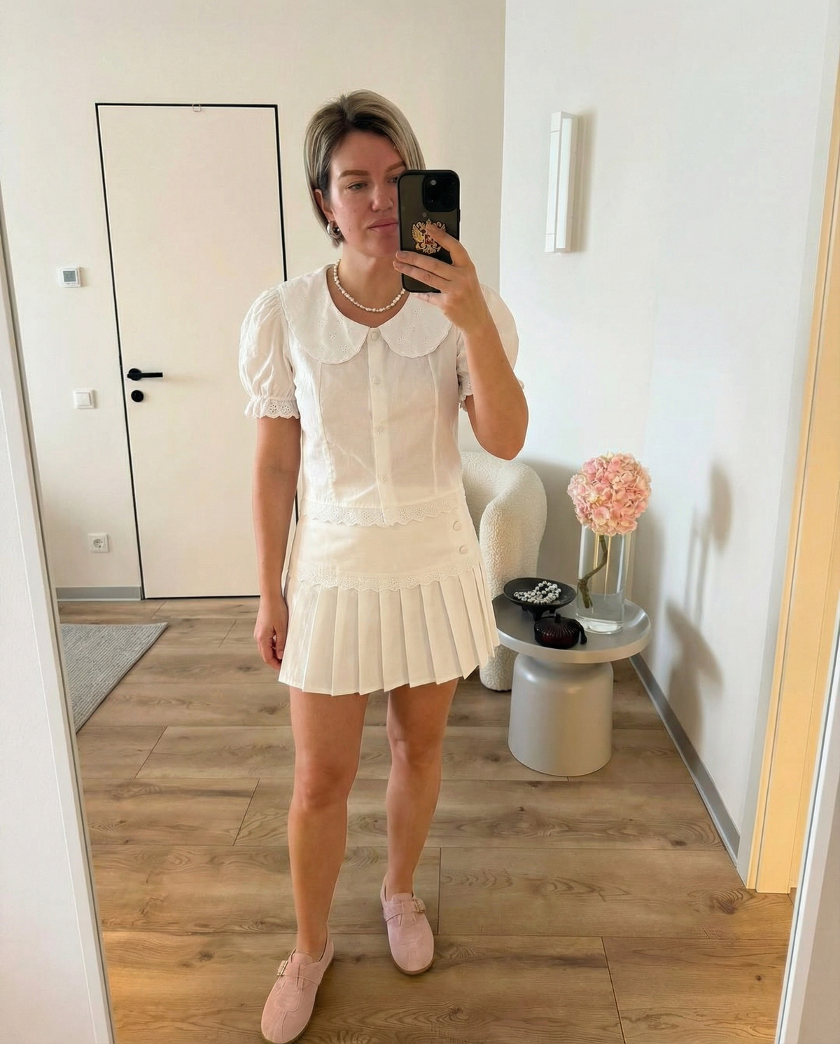 Neve | Puff Sleeve Button Up Blouse Pleated Skirt Set Cream