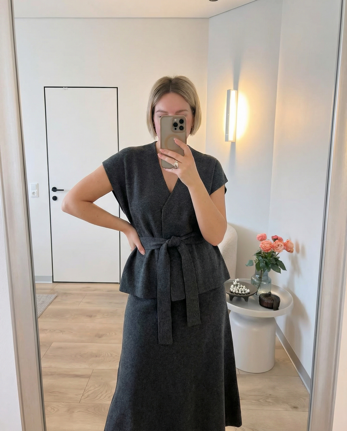 Alma | Knit Set Gray Wrap Belted Top Midi Skirt