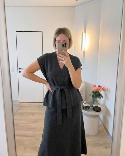 Alma | Knit Set Gray Wrap Belted Top Midi Skirt